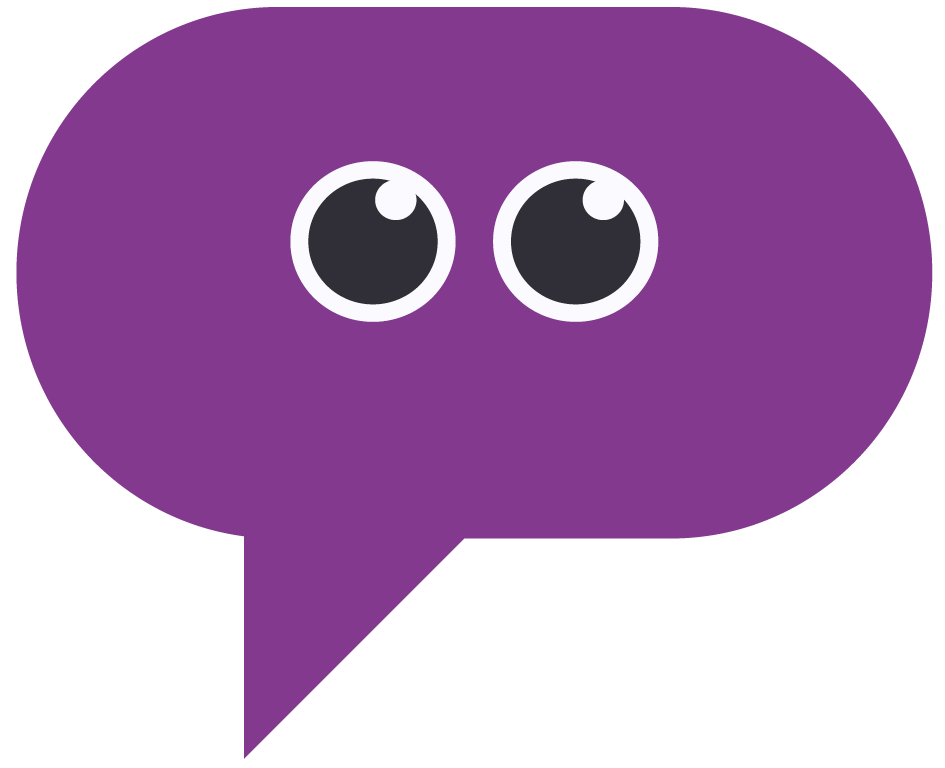 Chatbotsymbol in lila mit Augen. Eins zwinkert.
