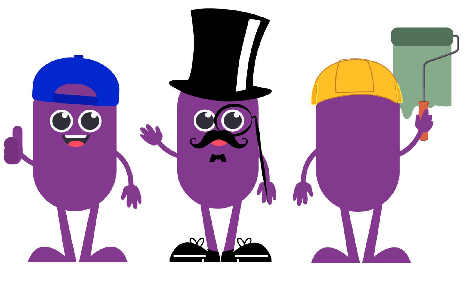 Drei verschiedene Bens- Daumen hoch, mit Zylinder und die Wand streichend